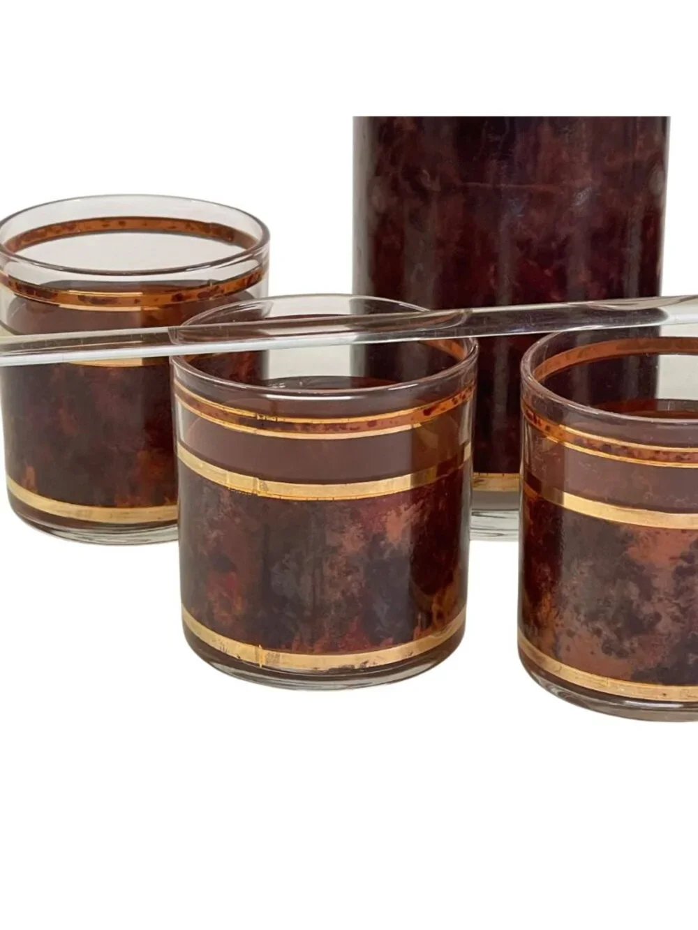 Vintage Culver Tortoise Cocktail Set w/ Pitcher 4 Glasses Stir Stick MCM 22k Bar